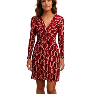 CHETTA B VINTAGE SHERRIE BLOOM PETER NOVIELLO VNECK RED WHITE PRINT SILK DRESS 8